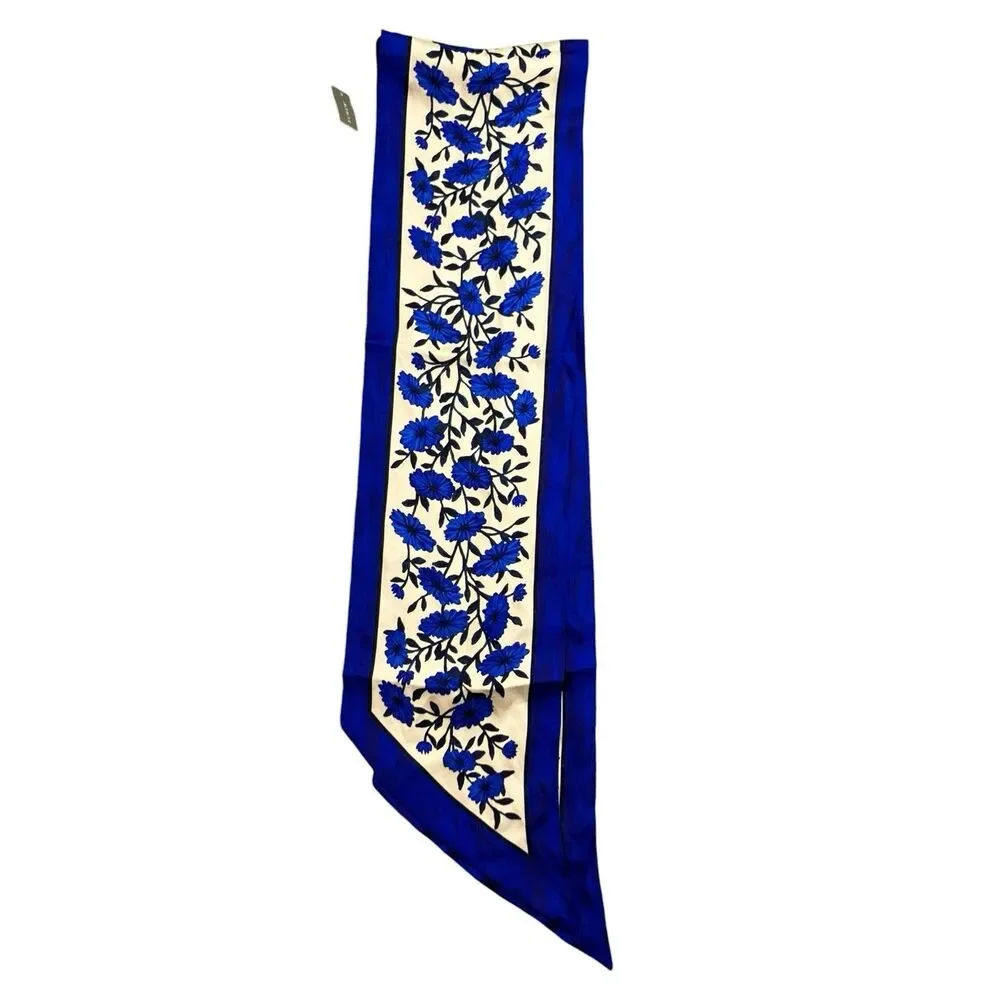 J Crew Scarf Womens Blue Cream Floral 100% Silk Skinny Twilly Printed BS227